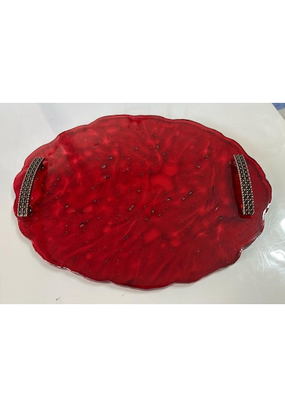 Epoksi Reçine Tepsi - Kırmızı Desenli - Ebat 24 Cm X 34 Cm Çok Renkli
