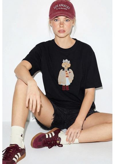 Shade Kadın Köpek Nakışlı Taş İşlemeli Relaxed Fit Pamuk T-shirt 1077 60286067 - Siyah L
