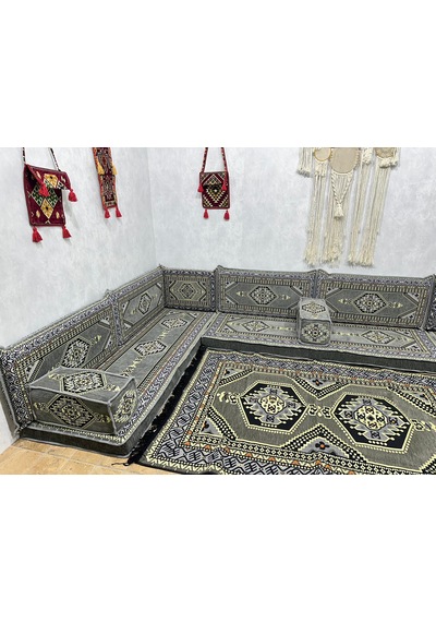 Coton Şark Köşesi Saraylı Desenli Minder Takımı Gri 13 Parça