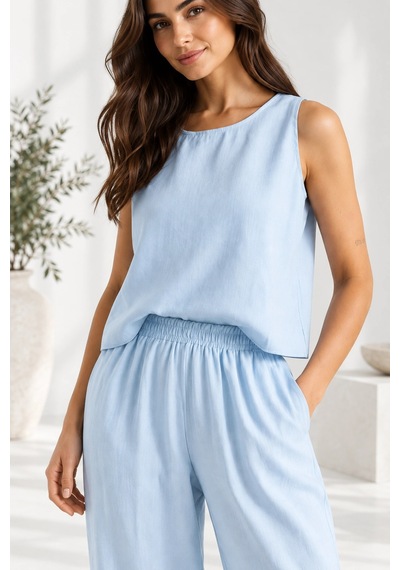 Mevese Beli Lastikli Modal Pantolon & Kalın Askılı Bluz Takımı - Bebe Mavi Bebe Mavisi