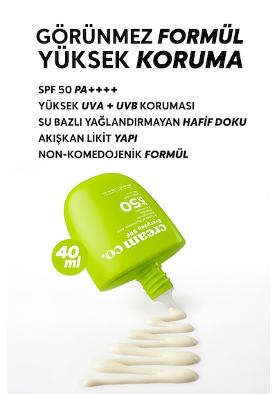 Cream Co. Niasinamid Hyalüronik Asit Peptit Seramid İçerikli Leke Karşıtı Aydınlatıcı ve Nemlendirici Güneş Kremi SPF50 40 ML