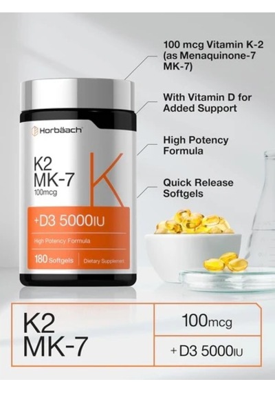 K2 Mk-7 100 Mcg +d3 5,000 Iu 180 Softgels