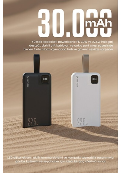 Taşınabilir 30.000 Mah Powerbank 22.5w Pd Hızlı Şarj, Led Gösterge, Android & Apple Uyumlu iOS Siyah