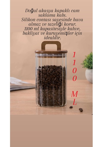 Akasya Kapaklı Cam Kavanoz 1100 Ml Büyük Boy Kahve & Bakliyat Saklama Kabı Ahşap Kapaklı Kavanoz Kahverengi - Şeffaf