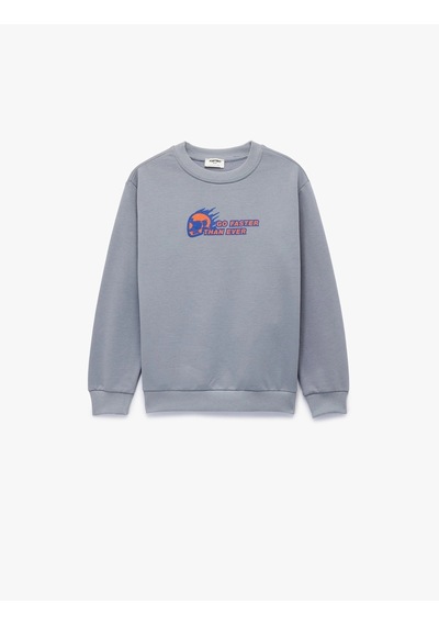 Koton Erkek Çocuk Pamuklu Uzun Kollu Bisiklet Yaka Baskılı Şardonlu Sweatshirt Mavi