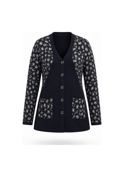 Onno Style Women Simli Leopar Desen Klasik Düğmeli Ceket Lacivert