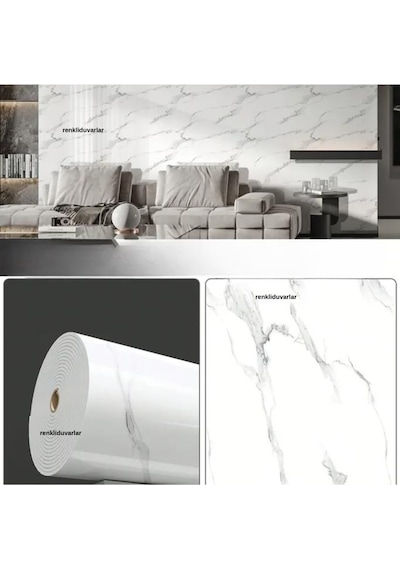 60cm X 280cm Tek Parça Rulo Shiny Beyaz Mermer Desenli Banvo Salon Wc Yapışkanlı Duvar Paneli Kağıdı