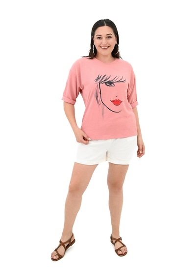 Kadın Büyük Beden Yüz Baskılı T-shirt 1788-25 001