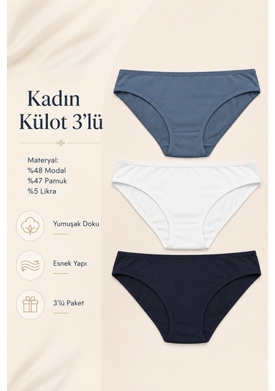 Nicoletta Kadın Külot 3 Lü Paket Likralı Modal Pamuklu Likrali Çok Renkli
