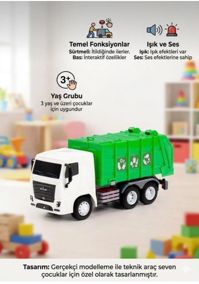 Işıklı Ve Sesli Çek Bırak Mekanizmalı 15 Cm Geri Dönüşüm Kamyonu Atık Kamyonu Oyuncak