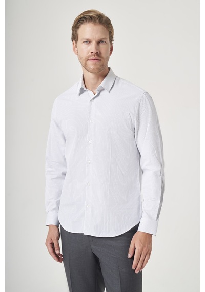 İmza Sert Yaka Uzun Kol Cepsiz Slim Fit Pamuklu Gömlek 1004260210 Beyaz - Lacivert