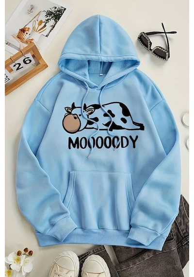 Uyguntarz Mooooody Baskılı Unisex Oversize Sweatshirt Bebe Mavisi