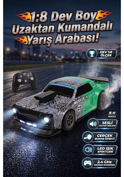 1:8 Dev Boy Uzaktan Kumandalı Yarış Arabası 2.4 Ghz Sesli, Işıklı Ve Duman Buhar Efektli Yeşil Gri