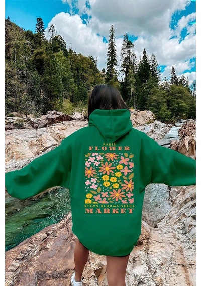 Flower Baskılı Oversize Sweatshirt Yeşil