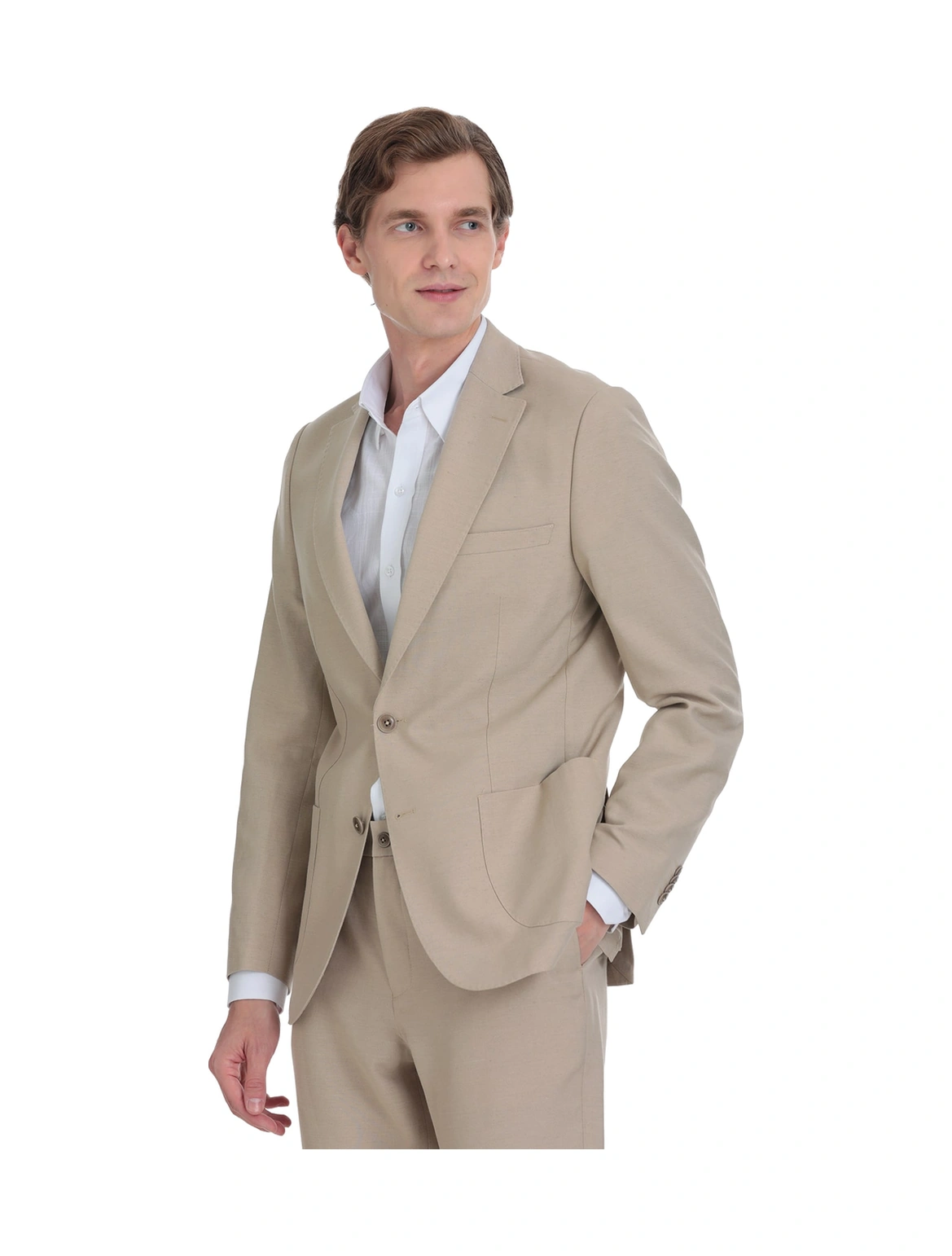 Hatemoğlu Vizon Slim Fit Mono Yaka Keten Takım Elbise Vizon