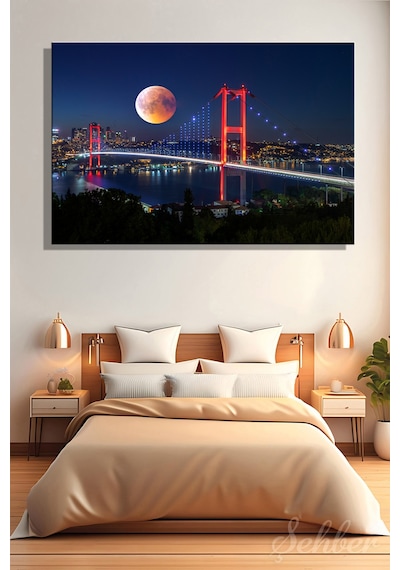 Yatay Kanvas Tablo Tekli Ev Kafe Ofis 15 Temmuz Şehitler Köprüsü Gece Dolunay Manzarası 2369