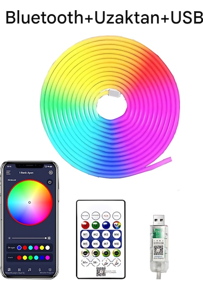 5v Rgb Neon Şerit Led Lamba 3 Metre Telefon Ve Kumanda İle Kontrol Sınırsız Renk Tak Çalıştır Çok Renkli