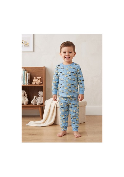 Deniva Kids Erkek Bebek Mavi İş Makineleri Kepçe Desenli Pamuklu Pijama Takımı / Ev Giyim 2'li Takım