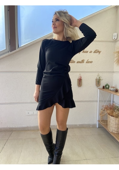 Mythrıva Kadın Uzun Kollu Bisiklet Yaka Önden Volanlı Ithal Krep Elbise Siyah