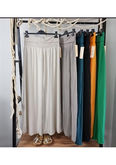 Bohem Stil İtalyan Yarasa Kol İpek Bluz & Pantolon Takım-8767 Bej