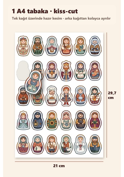 30 Adet Folklorik Matruşka Bebek Sticker Seti - Laptop, Defter, Ajanda Çok Renkli