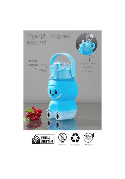 Labubu Suluk - 1000 Ml Taşınabilir Kulplu, Pipetli, Bpa Sız, Kilitli Ve Sızdırmaz Kapak - Mavi MAvi