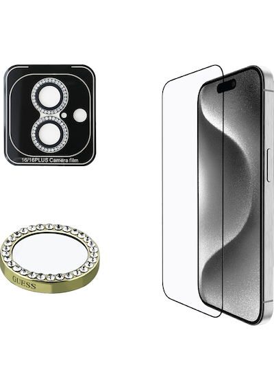 Apple Uyumlu iPhone 16 Plus Guess Lisanslı Ekran Ve Rhinestone Taşlı Lens Koruyucu 2'li Aksesuar Seti Gold