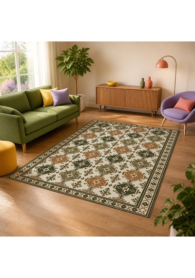 Kartela Halı Afgan Türkmen Desenli Otantik Halı Zeytin Kaymaz Taban Makinede Yıkanabilir 100x150 Cm