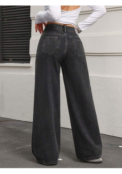 Koyu Füme Palazzo Pantolon Wide Leg Yüksek Bel Denim Jeans Gri