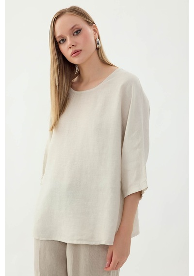 Vitrin %100 Keten Geniş Yaka Oversize Kısa Kol Bluz Taş