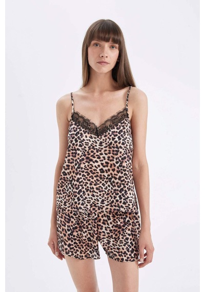 DeFacto Saten Pijama Takımı Leopar Desenli Askılı Üst Esnek Belli Şort-Fall in Love D4406AX24HSBK27