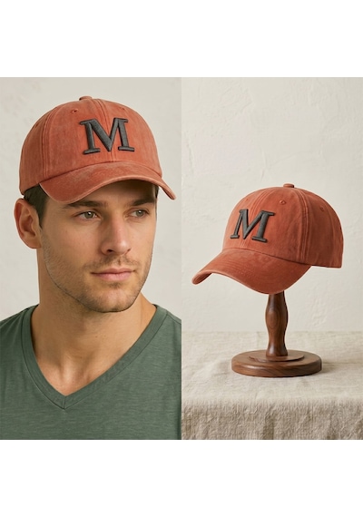 Bk Gift Kişiye Özel Harf Nakışlı Vintage Turuncu Beyzbol Şapkası Unisex Eskitme Kumaş Metal Tokalı