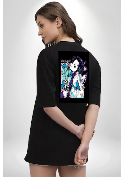 Shinobu Kocho Demon Slayer Siyah Oversize Unisex Ön Ve Sırt Baskılı Tişört Siyah