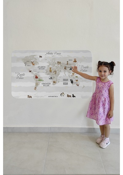Eğitici Dünya Haritası Dünya Atlası Çocuk Ve Bebek Odası Duvar Sticker-85x130-3812 Çok Renkli