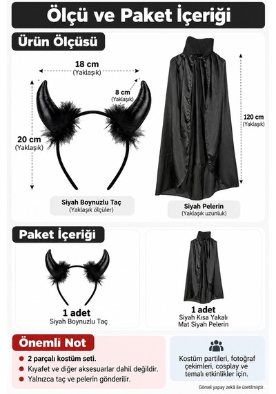 Cadılar Bayramı Şeytan Kostüm Seti Siyah Boynuzlu Taç Ve 120 Cm Yakalı Mat Pelerin Halloween Cosplay Çok Renkli