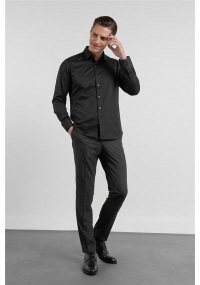 İmza Siyah Sert Yaka Uzun Kol Cepsiz Slim Fit Pamuklu Gömlek 1004255228