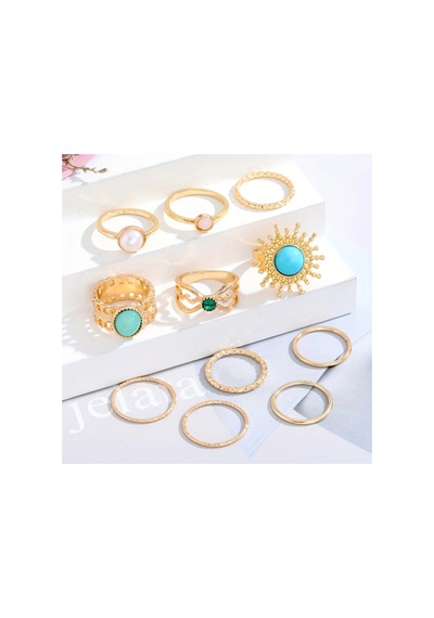 Princess 11 Adet Gold Mavi Yeşil Taşlı Güneş Çiçeği Figürlü Vintage Tasarım Çoklu Altın Yüzük Seti Gümüş