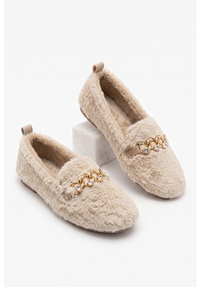 Nmoda Kadın Peluş Panduf Gold Zincir Taşlı Aksesuarlı Kapalı Loafer Yumuşak Tabanlı Kışlık Rahat Babet Krem