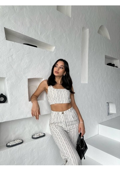 Eke Tekstil Lacivert Çizgili Crop Pantolon Keten Takım-lacivert Lacivert