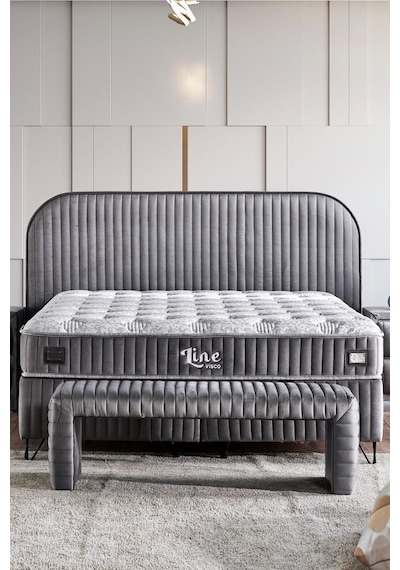 Line Visco Lüks Yatak Baza Ve Başlık Seti 90x190 Cm Tek Kişilik Yatak Baza Başlık Takımı Koyu Gri