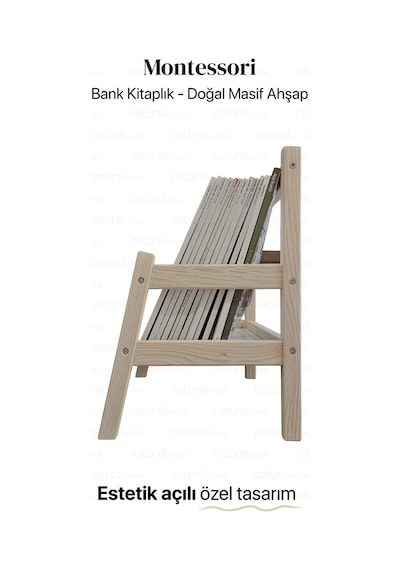 Baby Shark Klasik Masif Ahşap Montessori Bank Kitaplık ve Klasik Dergilik Ahşap