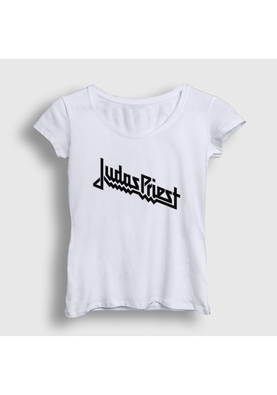 Presmono Kadın Logo Judas Priest T-shirt Beyaz