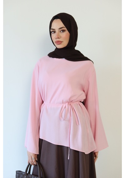 Moonsc Kadın Asimetrik Kesim Bel Bağlamalı Modal Tesettür Tunik Pembe