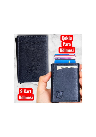 Organıcyou Yıwushı Otomatik Mekanizma Kartlık Unisex 9 Kart Bölme Pu Deri Yüksek Kaliteli Lacivert