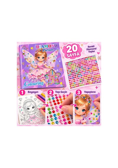 Peri Kızı Taş Yapıştırmalı Boyama Kitabı - 20 Sayfa Renkli Diamond Taşlı Etkinlik Kitabı Peri Kızı Taş Yapıştırmalı Boyama Kitabı - 20 Sayfa Renkli Diamond Taşlı Etkinlik Kitabı