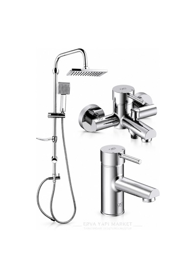 Espina Banyo Bataryası Lavabo Bataryası Dst19-3 Kare Yağmur Duş Sistemi 3'lü Krom Set