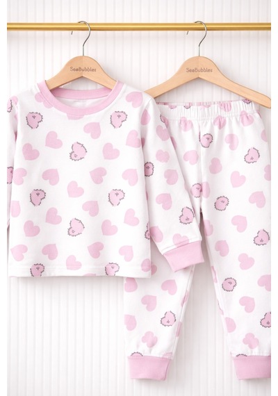 Kalp Desenli Kız Çocuk Pijama Takımı KREM
