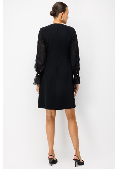 Modailgi Asimetrik Yaka Kolları Dantelli Kruvaze Elbise Siyah