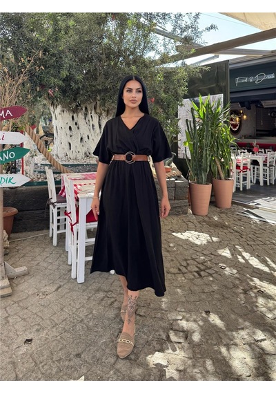 WeShaya Siyah Kruvaze Kemerli Midi Elbise Siyah WeShaya Siyah Kruvaze Kemerli Midi Elbise Siyah