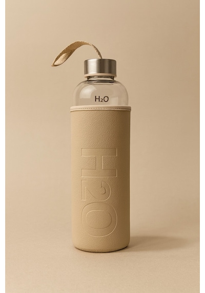 1000 Ml H2o Deri Kılıflı Cam Matara Krem